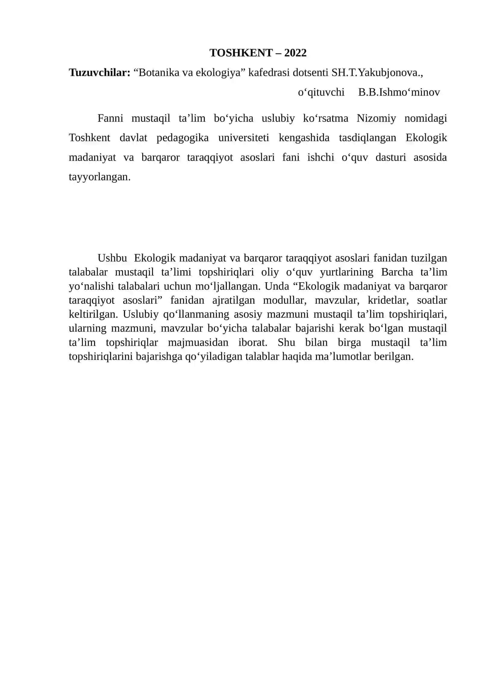 Ekologik Madaniyat va Barqaror Taraqqiyot Asoslari 2