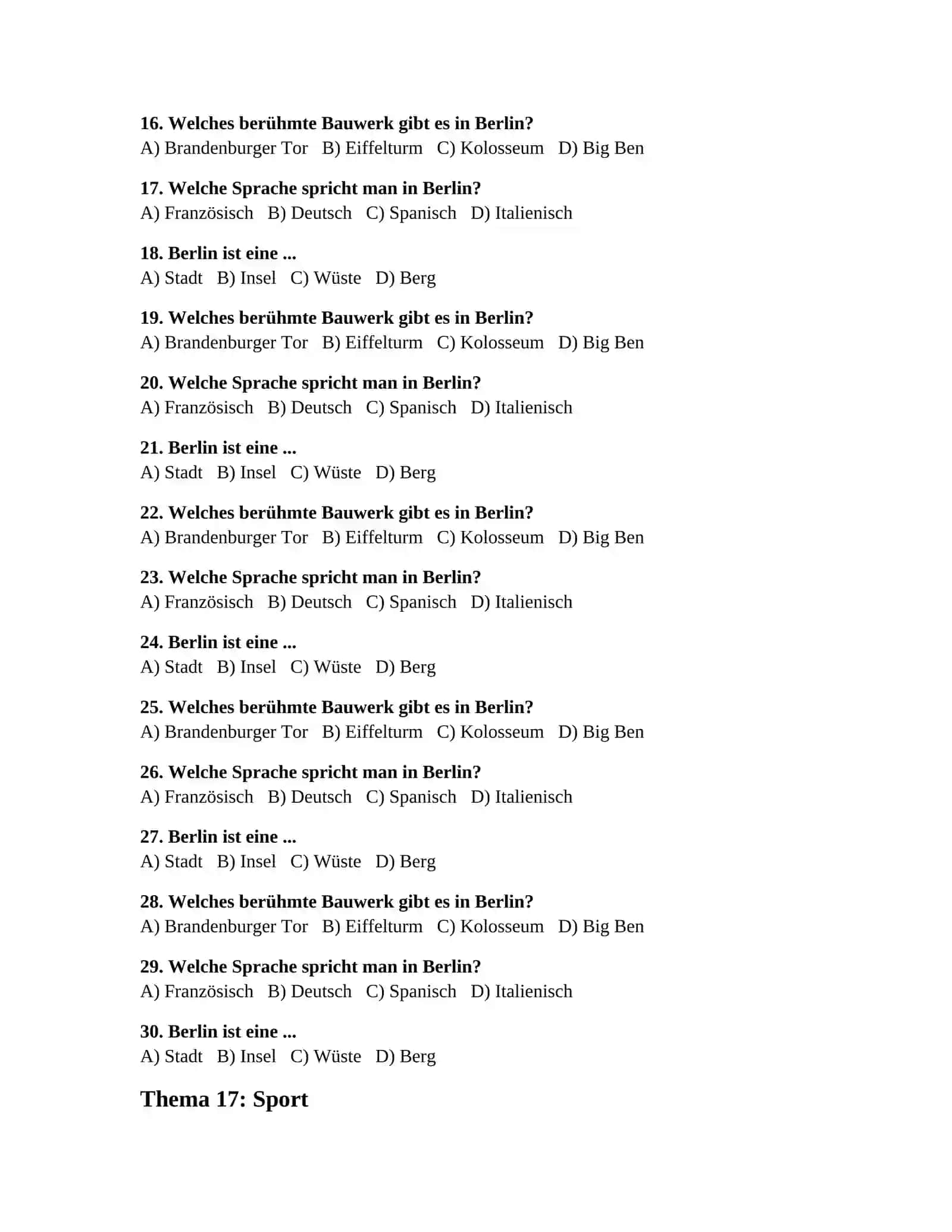 Nemis tilidan mustaqil talim uchun testlar 90 ta (Berlin sport Unsere Uni) 2