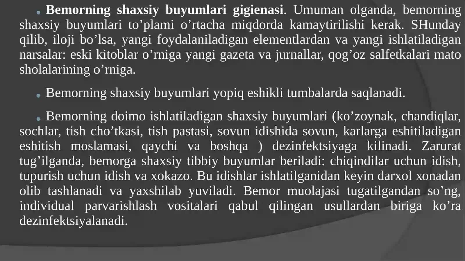 Xirurgiya bo’limida sanitar – epidemiologik tartib.Bemor gigiyenasi. Bemorning shaxsiy gigiyenasi Shifoxona ichi infeksiyasini oldini olish 2