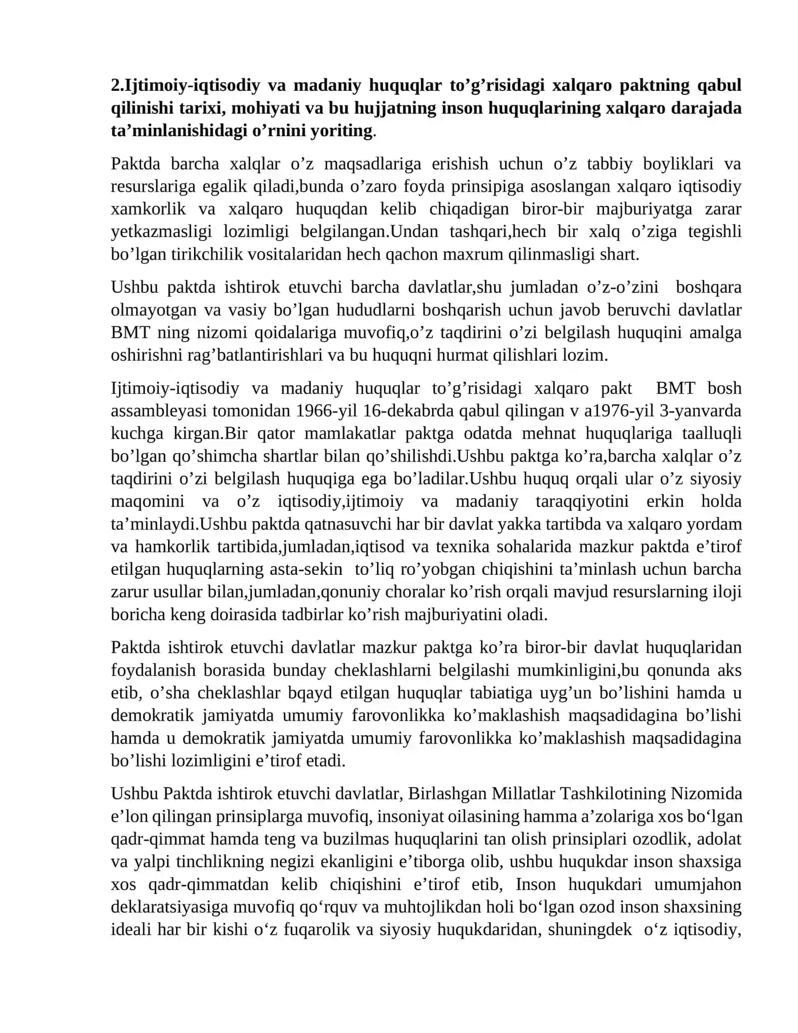 "Inson huquqlari fanidan yozma topshiriq javoblari" 2