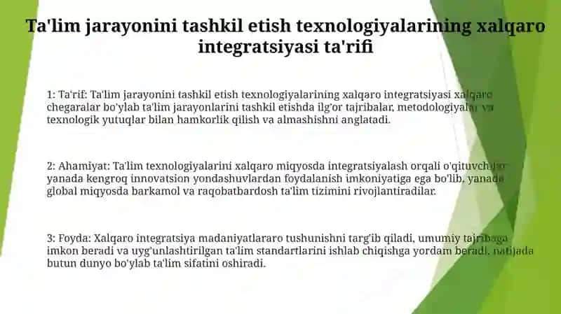 OʻQuv Jarayonini Tashkil Etish Texnologiyalari BoʻYicha Xalqaro Integratsiya Baxtiyorova 2