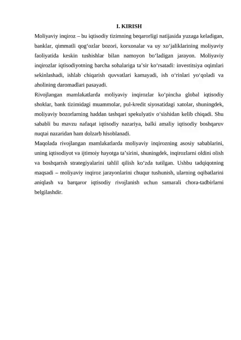 Mavzu: RIVOJLANYATGAN MAMLAKATLARDA MOLIYAVIY INQIROZ 2