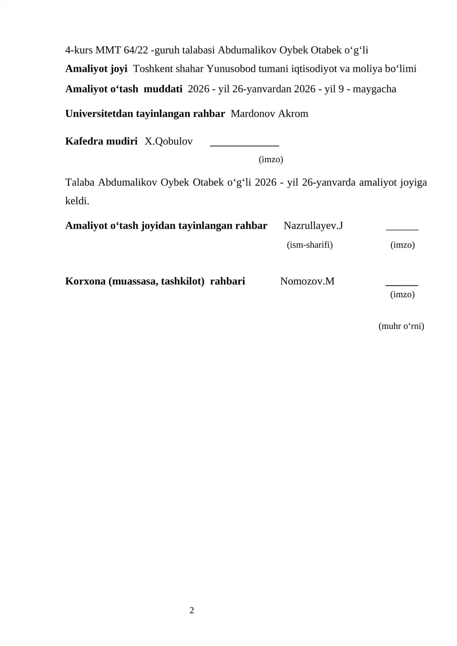 MALAKA AMALIYOTI DAFTARI 2
