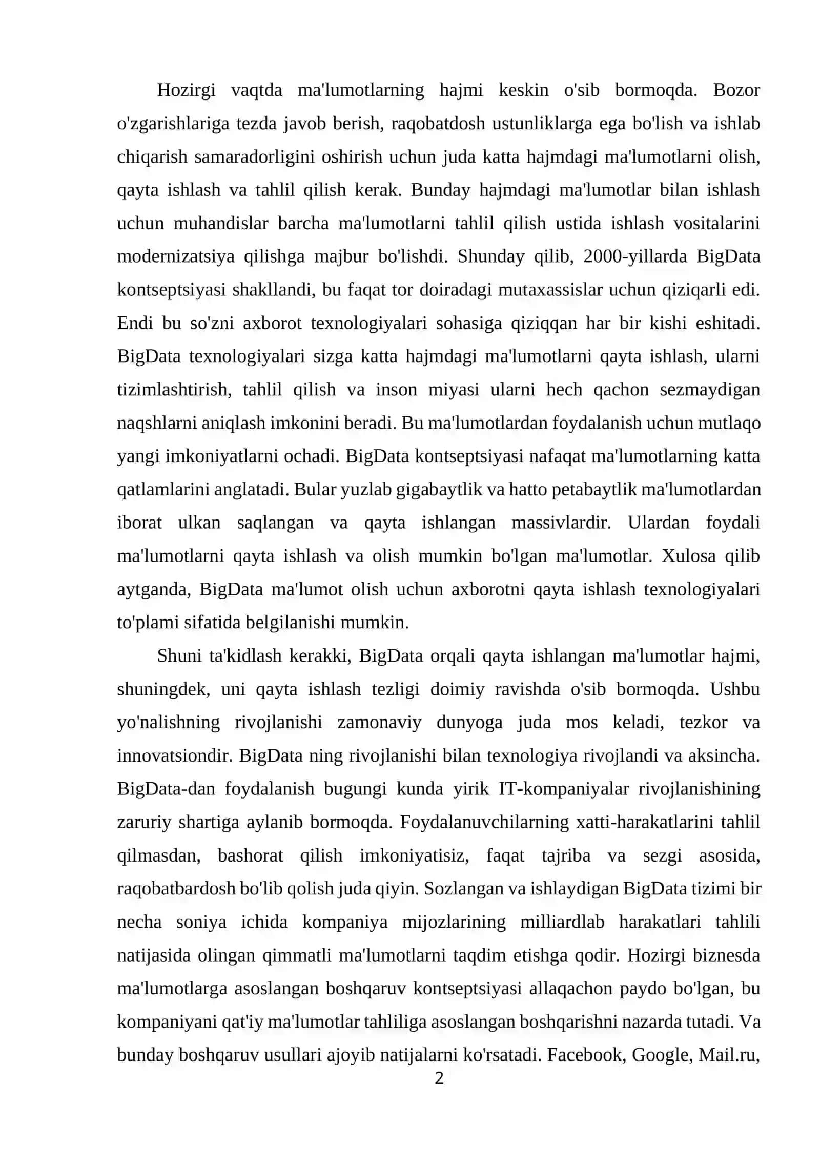 Katta hajmdagi ma'lumotlar bilan ishlash texnologiyasi 2
