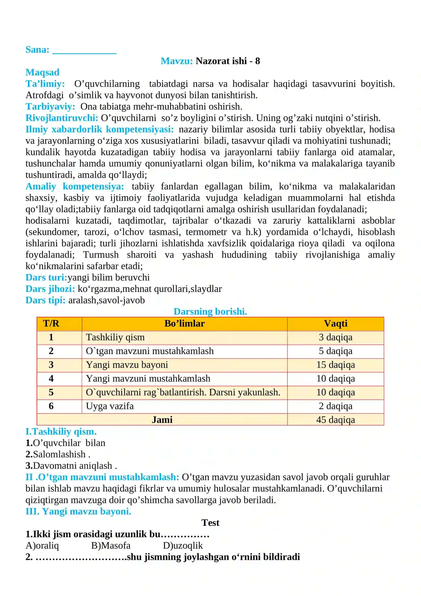 3-sinf Tabiiy fan (Science) 8-Nazorat ishi 2