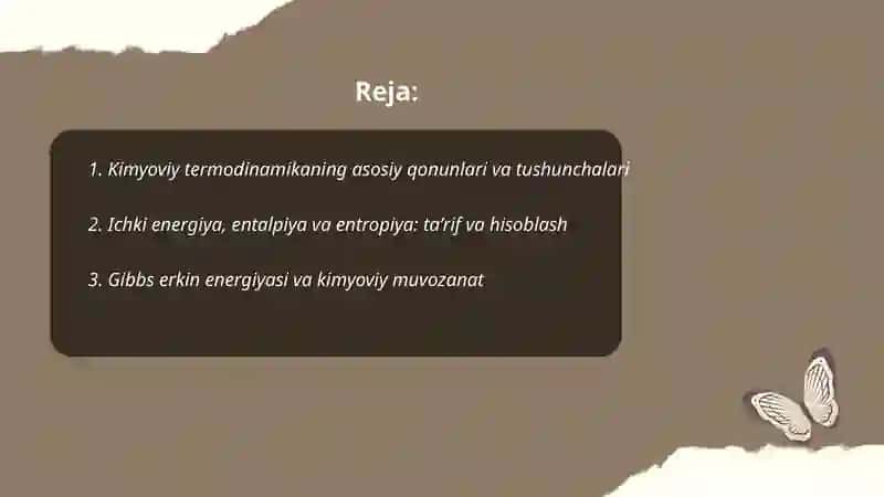 Kimyoviy termodinamika asoslari. Kimyoviy reaksiyalarning issiqlik effekti. Elektrokimyo asoslari. Elektroʻtkazuvchanlik. Konduktometriya. Potensiallar. Potensiometriya 2