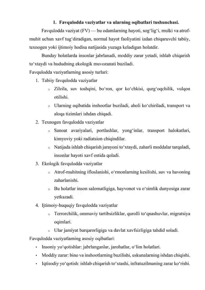 Favqulodda vaziyatlar oqibatlarini bartaraf etishning tashkiliy asoslari. 2