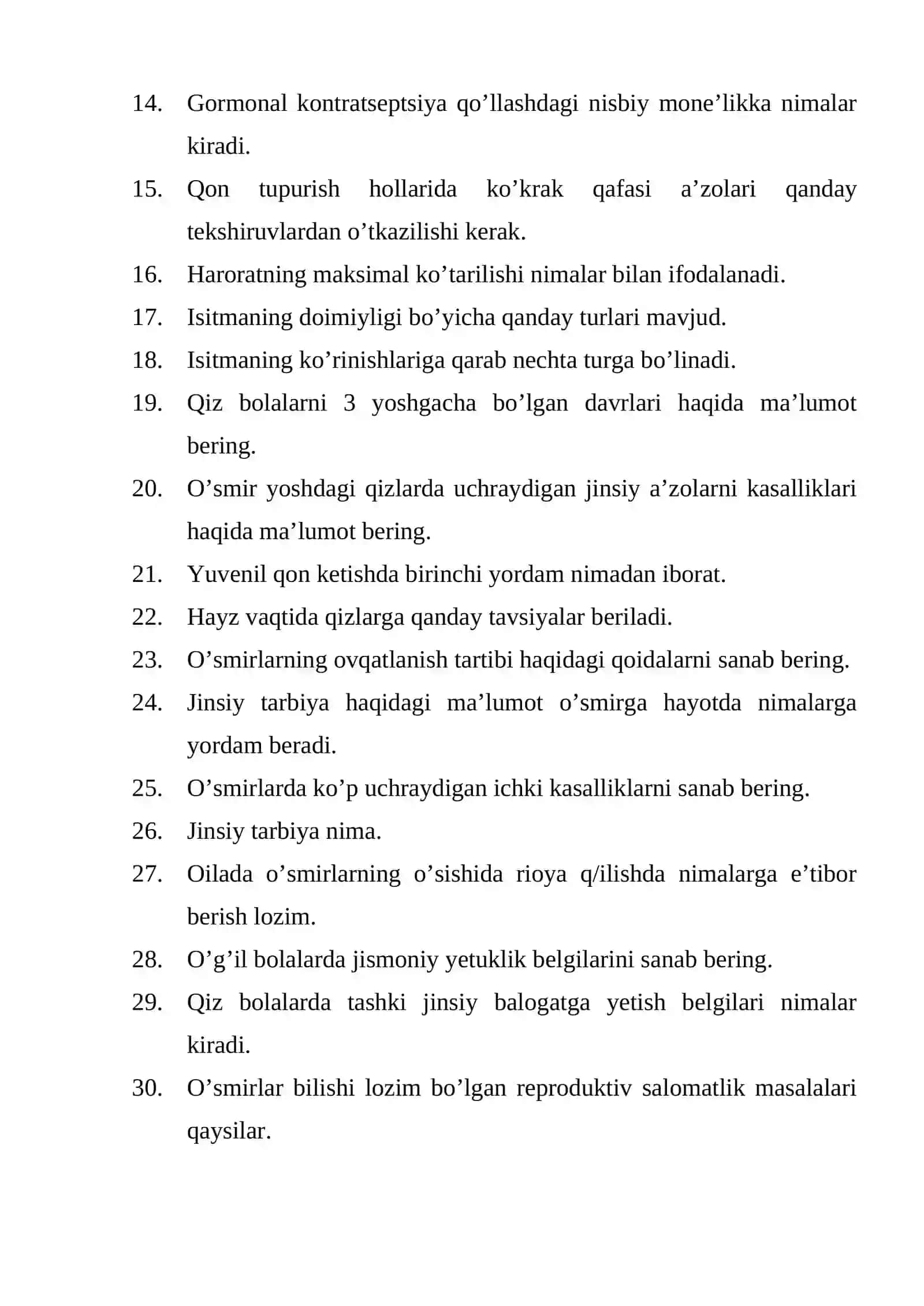 Hamshiralik ishi (patronaj hamshiralari) mutaxassisligi bo’yicha shakllantirilgan og’zaki savollar ro’yxati 2