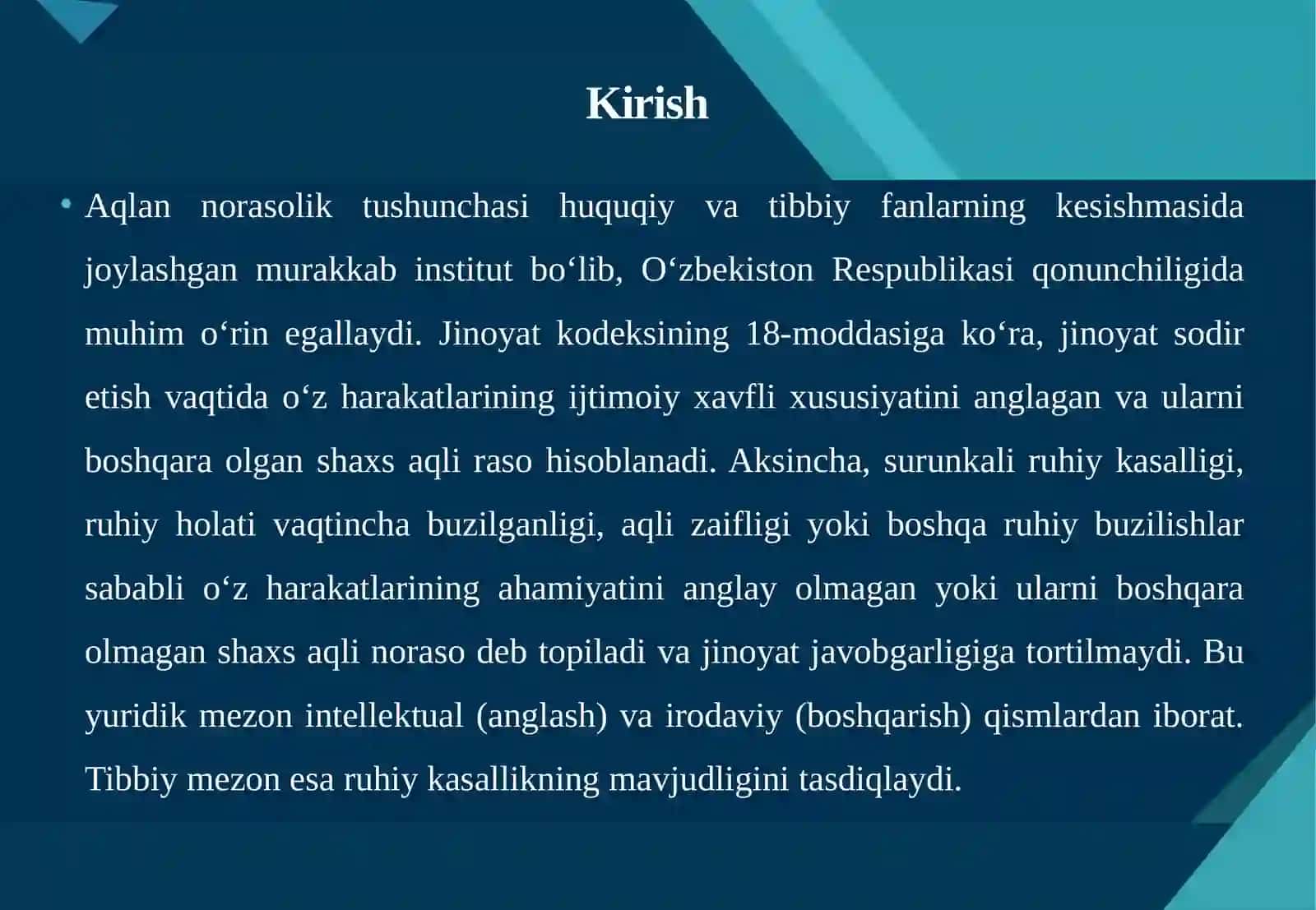 Aqlannorasolik: yuridik va tibbiy mezonlar. Cheklangan aqlannorasolik va uning huquqiy oqibatlari 2