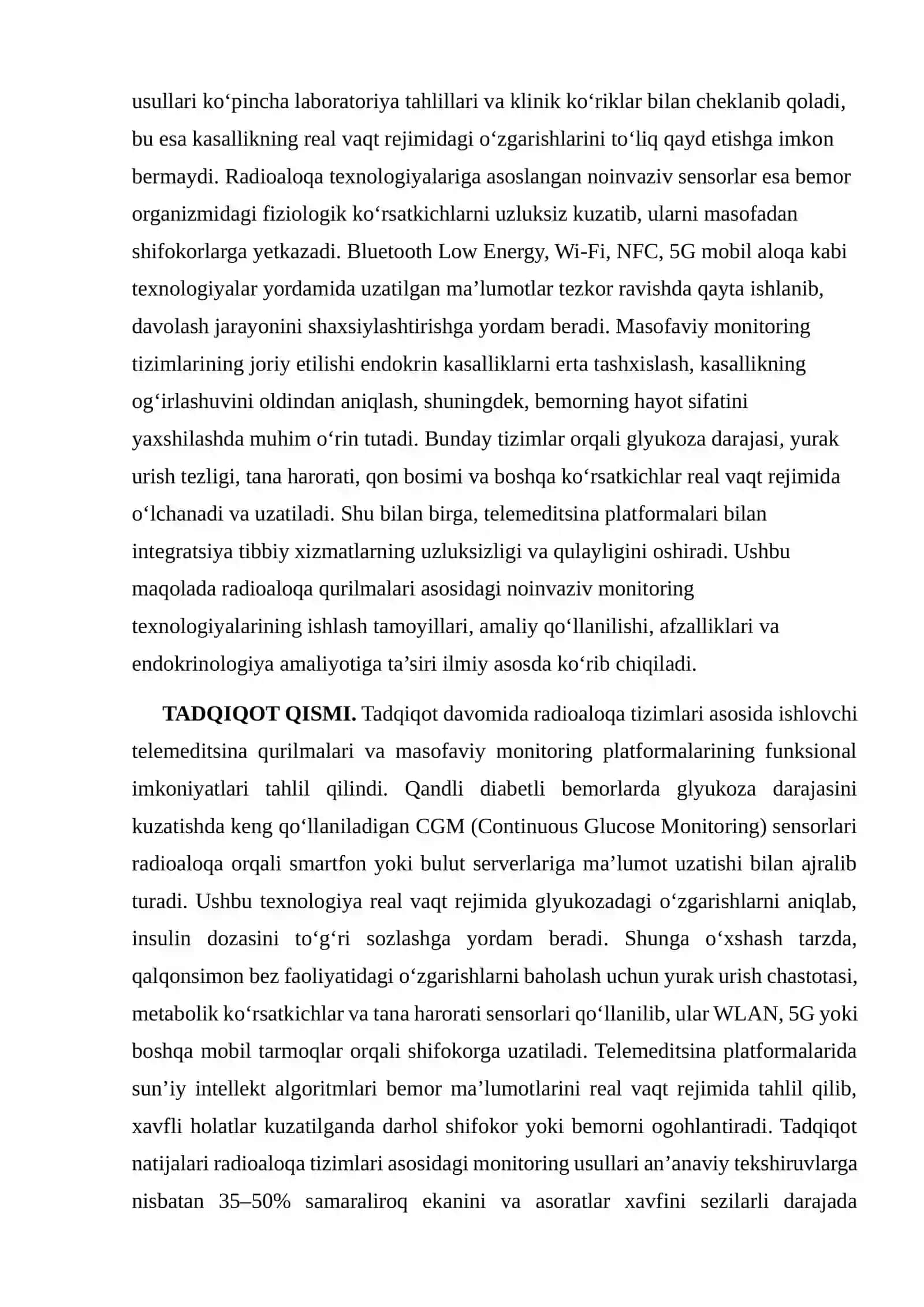 RADIOALOQA QURILMALARI ASOSIDAGI NOINVAZIV SENSORLAR YORDAMIDA ENDOKRIN KASALLIKLARNI MASOFADAN MONITORING QILISH TEXNOLOGIYALARI 2