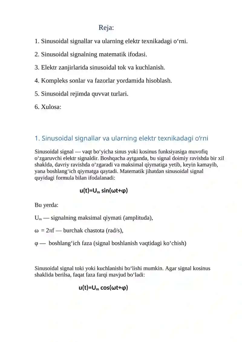 Sinusoidal signallar ta’siridagi elektr zanjirlari xususiyatlari 2