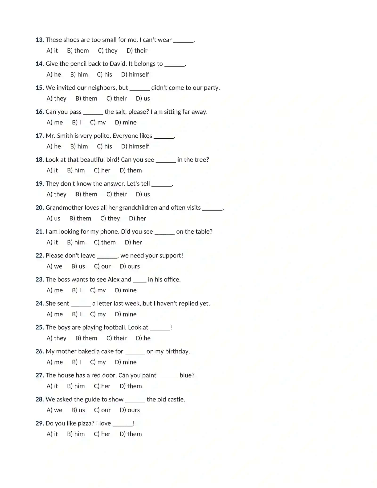 INGLIZ TILI GRAMMATIKASI: OBJECT PRONOUNS (TO'LDIRUVCHI  OLMOSHLAR) 100 talik test oxirida javoblari bilan 2