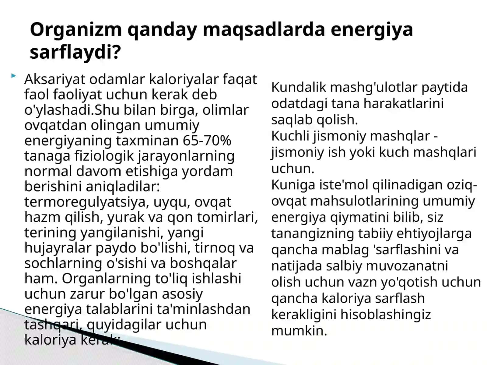Asosiy ovqat mahsulotlarining hujayraviy tarkibi va energiya boyligi 2