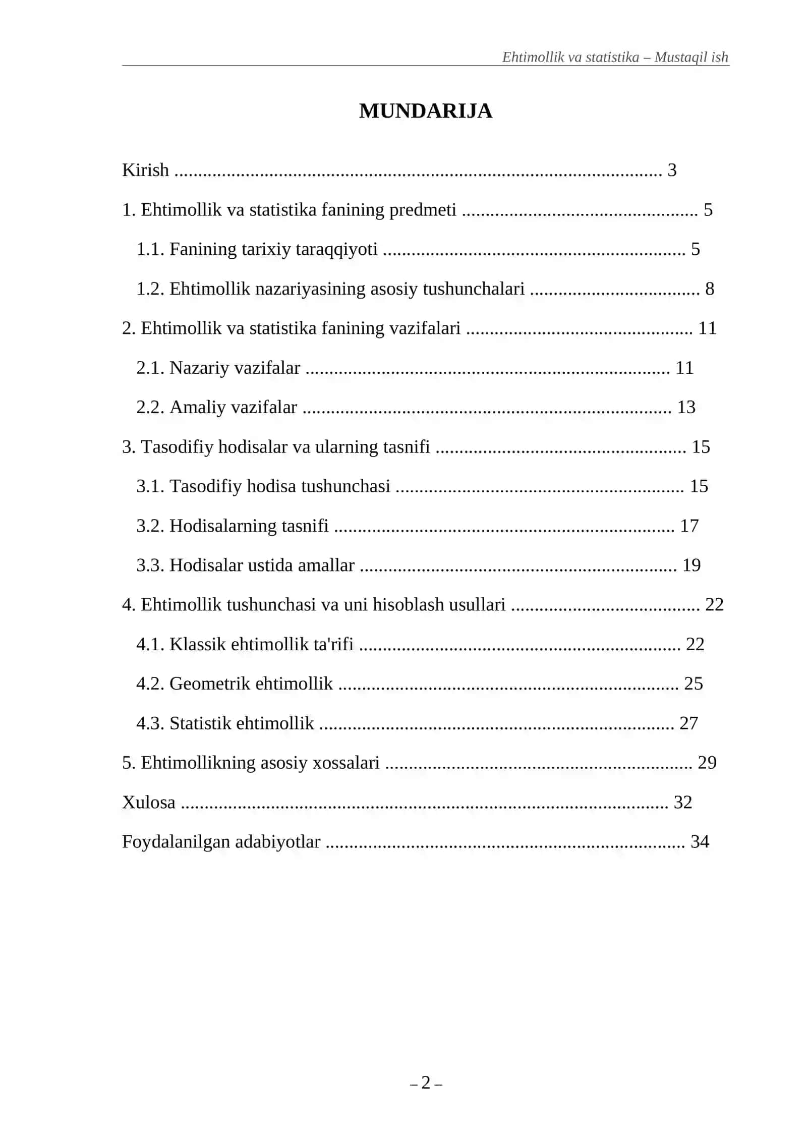 Ehtimollik va statistika fanining predmeti va vazifalari. Tasodifiy hodisalar 2
