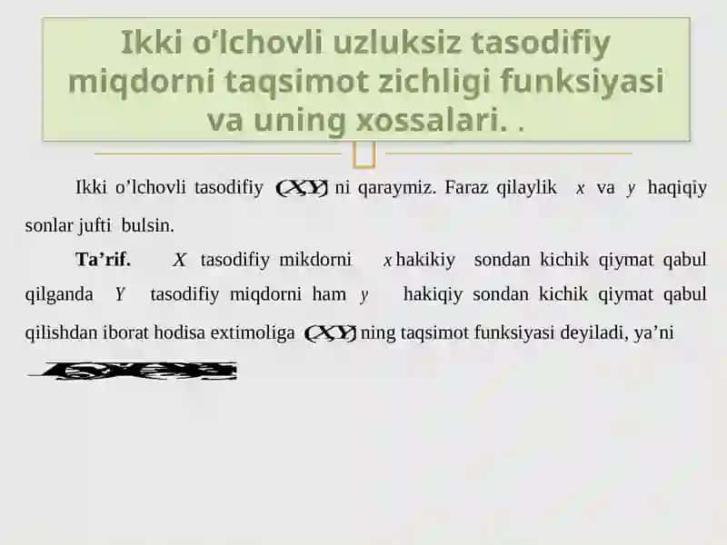 Taqsimot matrisasi. To’g’ri to’rtburchakda tekis taqsimlangan va tekislikda normal taqsimlangan tasodifiy miqdorlar 2