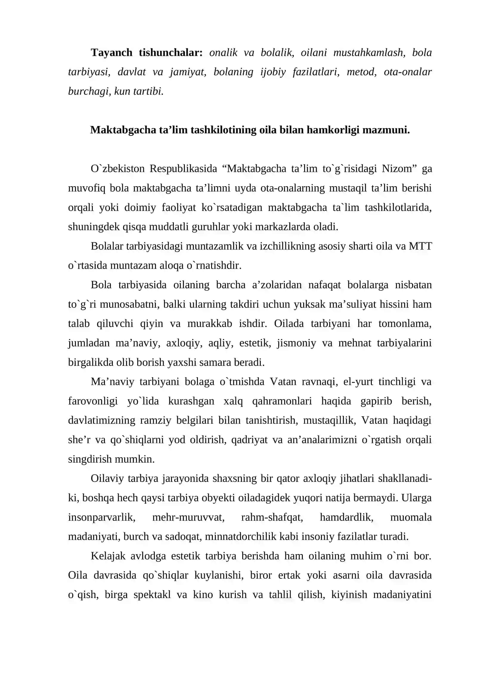 Maktabgacha ta’lim muassasasi, oila va maktab hamkorligi 2