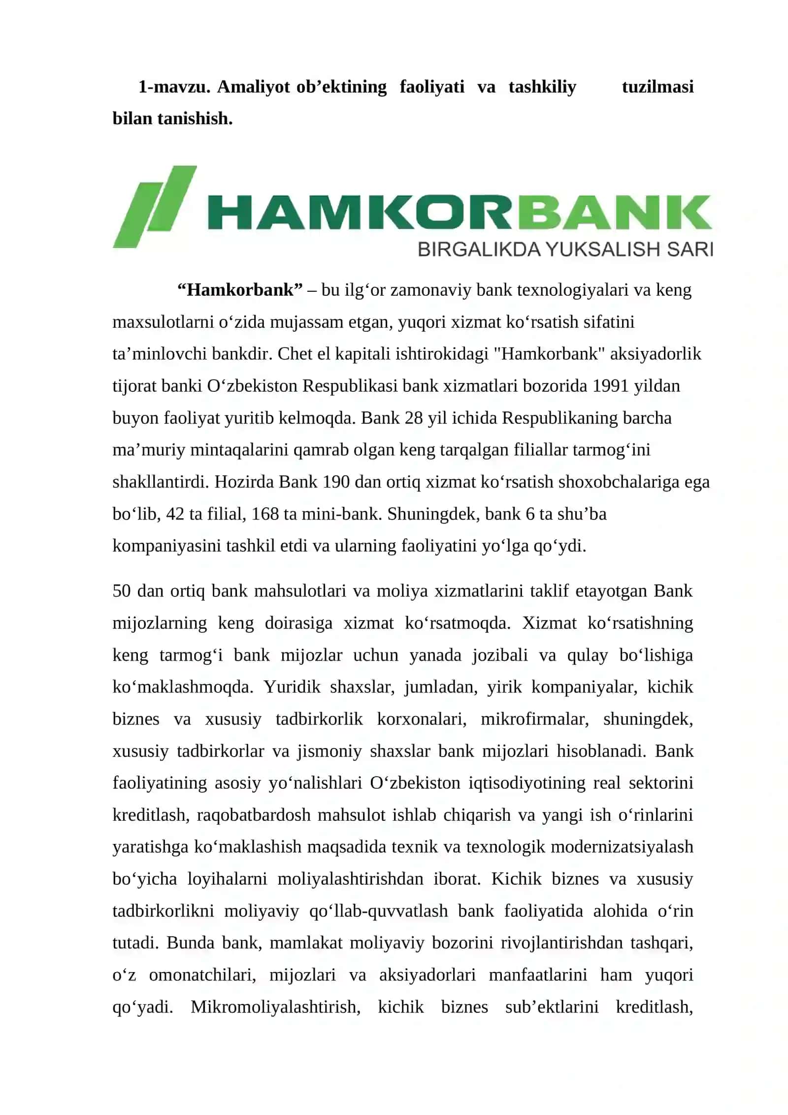 Bank ishi bo'yicha tanishtiruv amaliyot hisoboti 2
