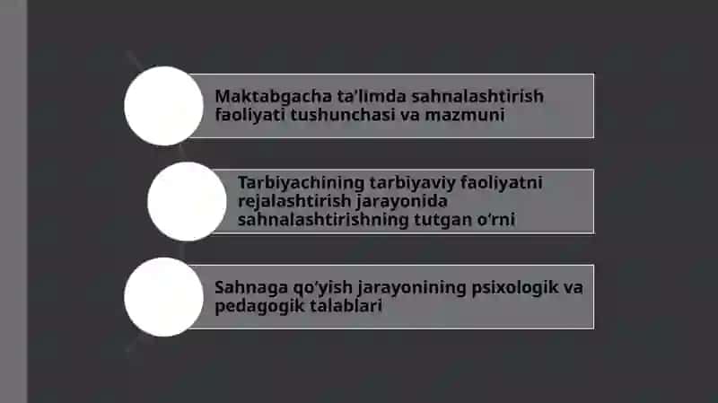 Tarbiyachilarning mashg'ulotdan tashqari tarbiyaviy faoliyatini rejalashtirishda sahnalashtirish faoliyatining o'ziga xosligi.pptx 2