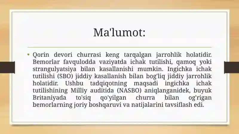 Qorindevori churrasi ichak tutilishi bo'yicha milliy tekshiruvi natijalari 2