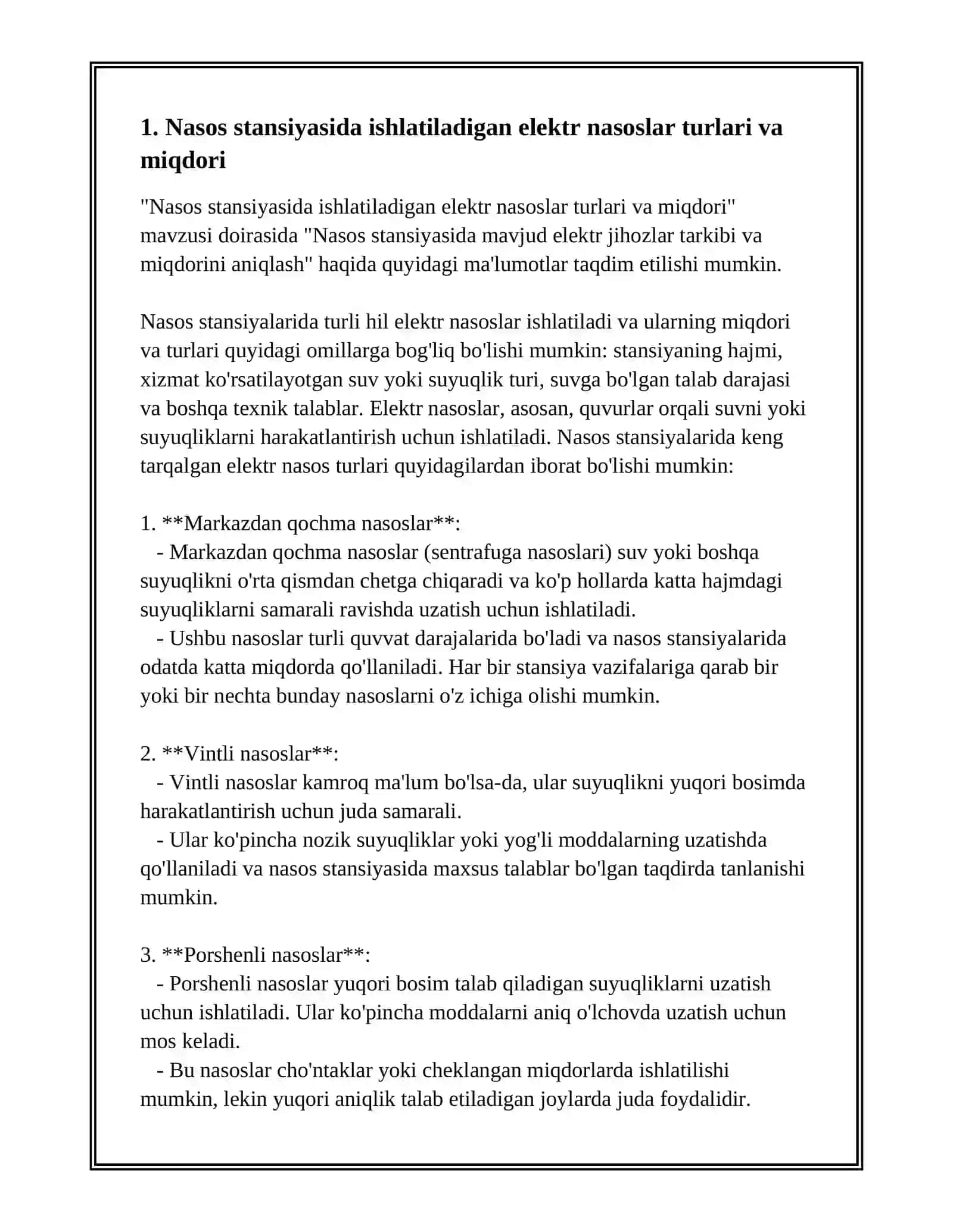 NASOS STANSIYASIDA MAVJUD ELEKTR JIHOZLAR TARKIBI VA MIQDORINI ANIQLASH 2