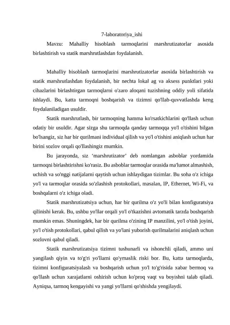 Mahalliy hisoblash tarmoqlarini marshrutizatorlar asosida birlashtirish va statik marshrutlashdan foydalanish 2