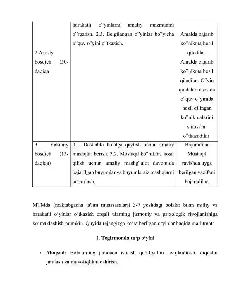 MTMda 3-7-yoshdagi bolalar bilan tashkil qilinadigan milliy va harakatli o‘yinlar. 2
