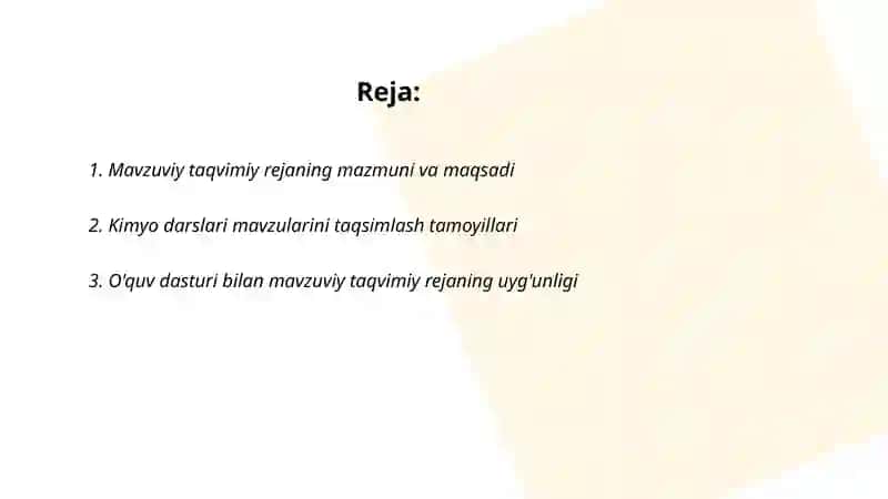 Mavzuviy taqvimiy reja.Kimyo darsining konspektini tuzish metodikasi 2