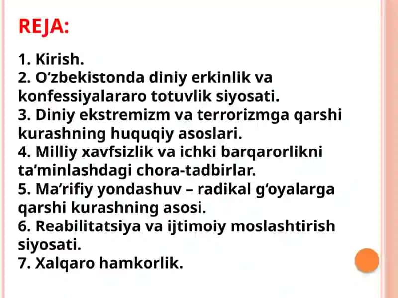 "O‘zbekistonning diniy ekstremizm va terrorizmni oldini olish va unga qarshi kurash borasida olib borayotgan siyosatning mohiyati" 2