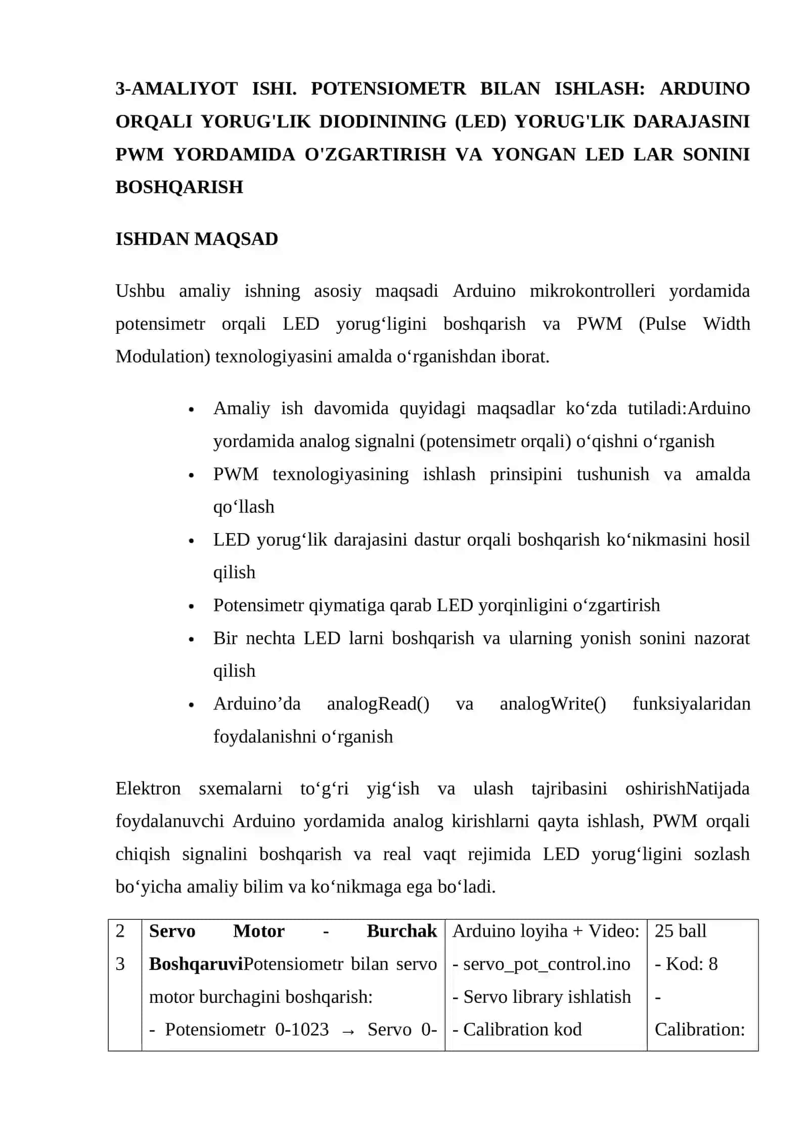 POTENSIOMETR BILAN ISHLASH: ARDUINO ORQALI YORUG'LIK DIODININING (LED) YORUG'LIK DARAJASINI PWM YORDAMIDA O'ZGARTIRISH VA YONGAN LED LAR SONINI BOSHQARISH 2