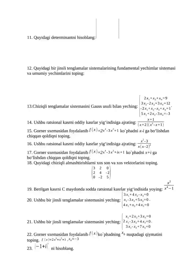 2-kurs talabalari uchun chiziqli algebra fanidan yakuniy nazorat misollari 2