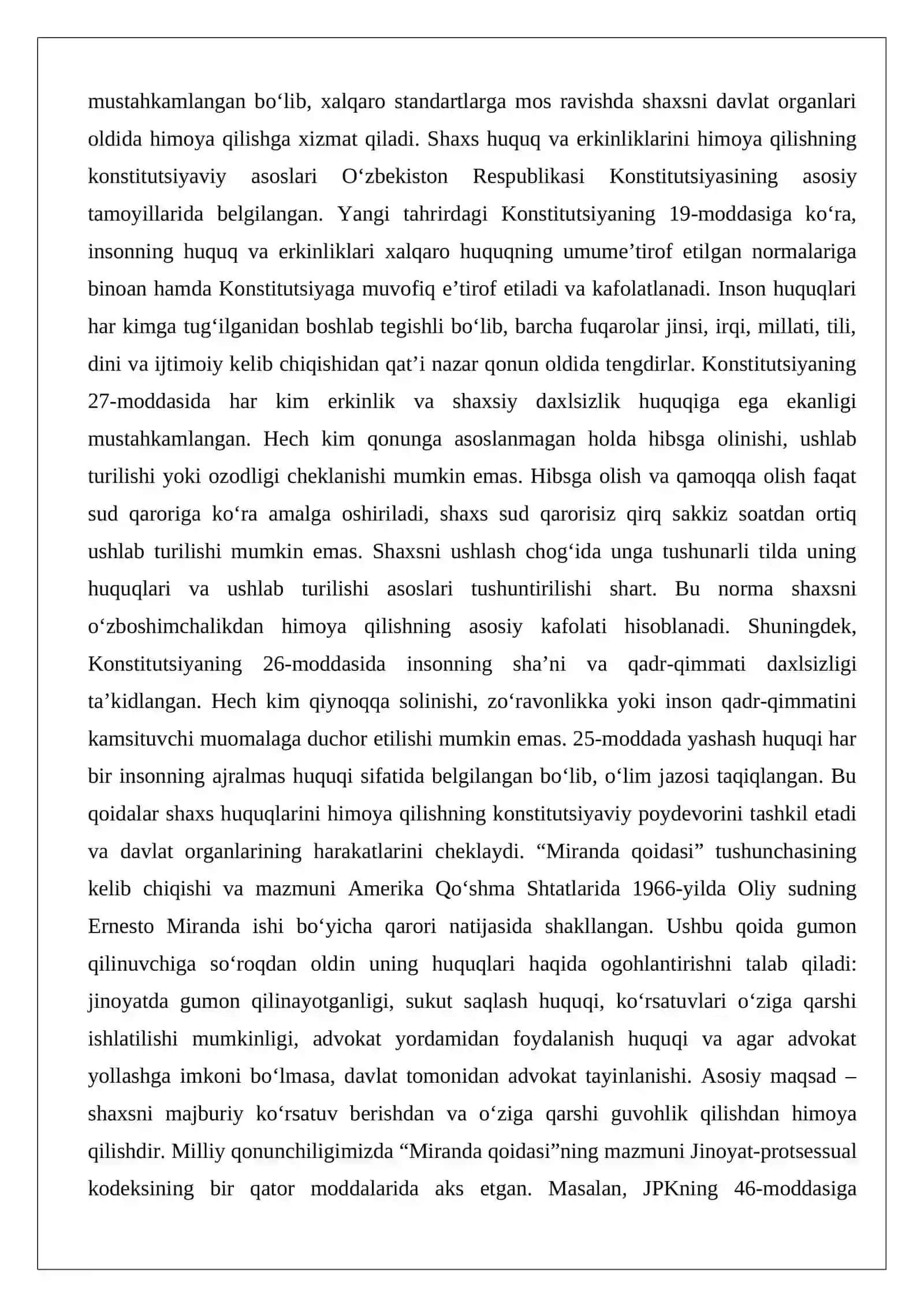 Milliy qonunchiligimizda “Miranda qoidasi” 2