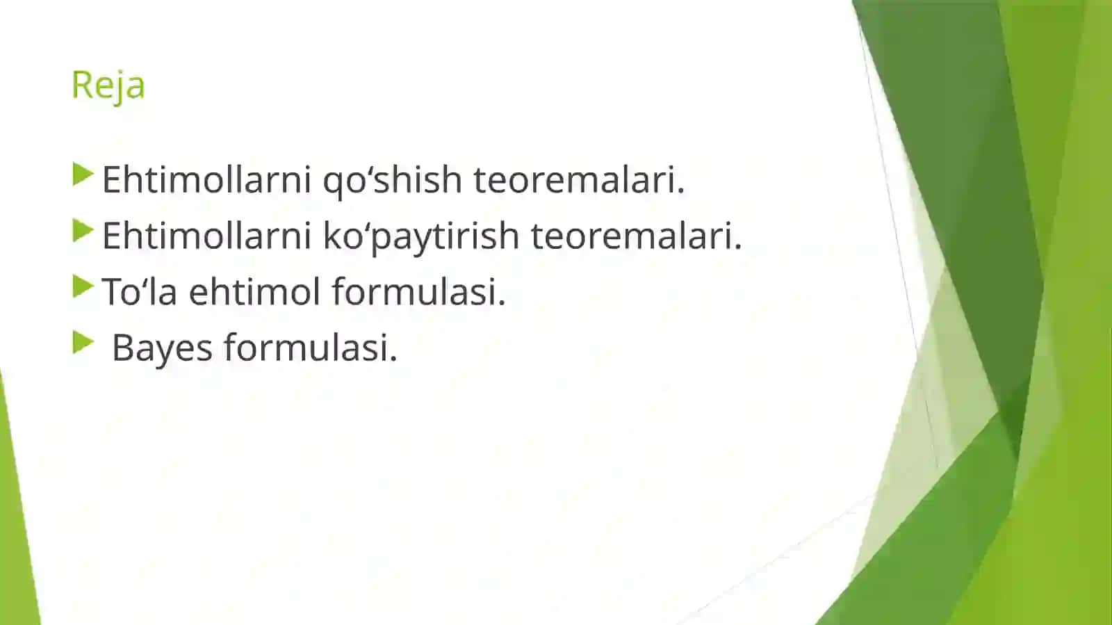 2-ma’ruza:Ehtimollarni qo‘shish va ko‘paytirish teoremalari. To‘la ehtimol va Bayes formulasi 2