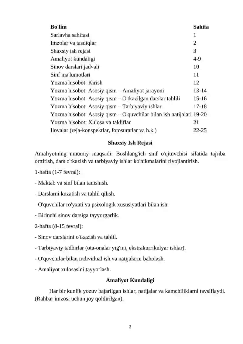 PEDAGOGIK AMALIYOT HISOBOTI. MAKTAB BOYICHA 2