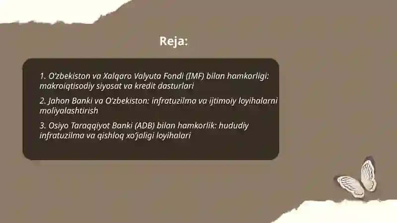 O‘zbekiston Respublikasining Xalqaro iqtisodiy tashkilotlar bilan hamkorligi 2