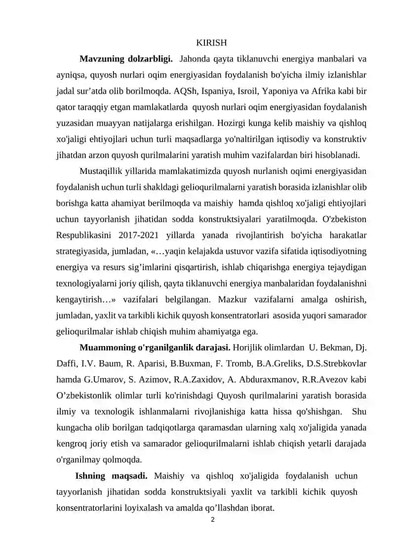 Geliotexnik qurilmalarni foydalanish soxalari va ularning asosiy 2