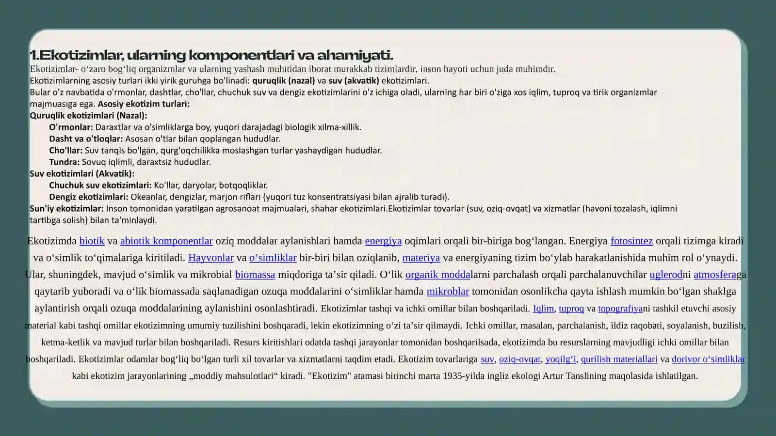 Ekotizimlar, ularning komponentlari va ahamiyati 2