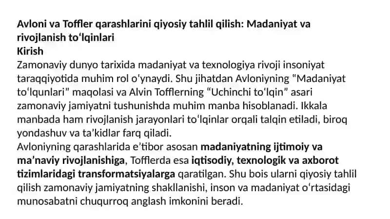 Avloniyning “Madaniyat to’lqunlari” maqolasi va E.Tofflerning “Uchinchi to’lqin” asarini qiѐsiy tahlil etish. 2