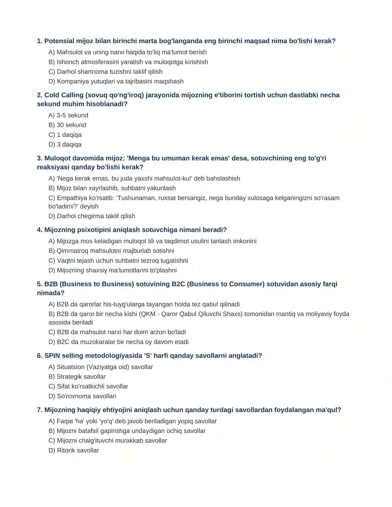 SOTUV MENEJERI LAVOZIMIGA NOMZODLARNI  BAHOLASH TESTI 2