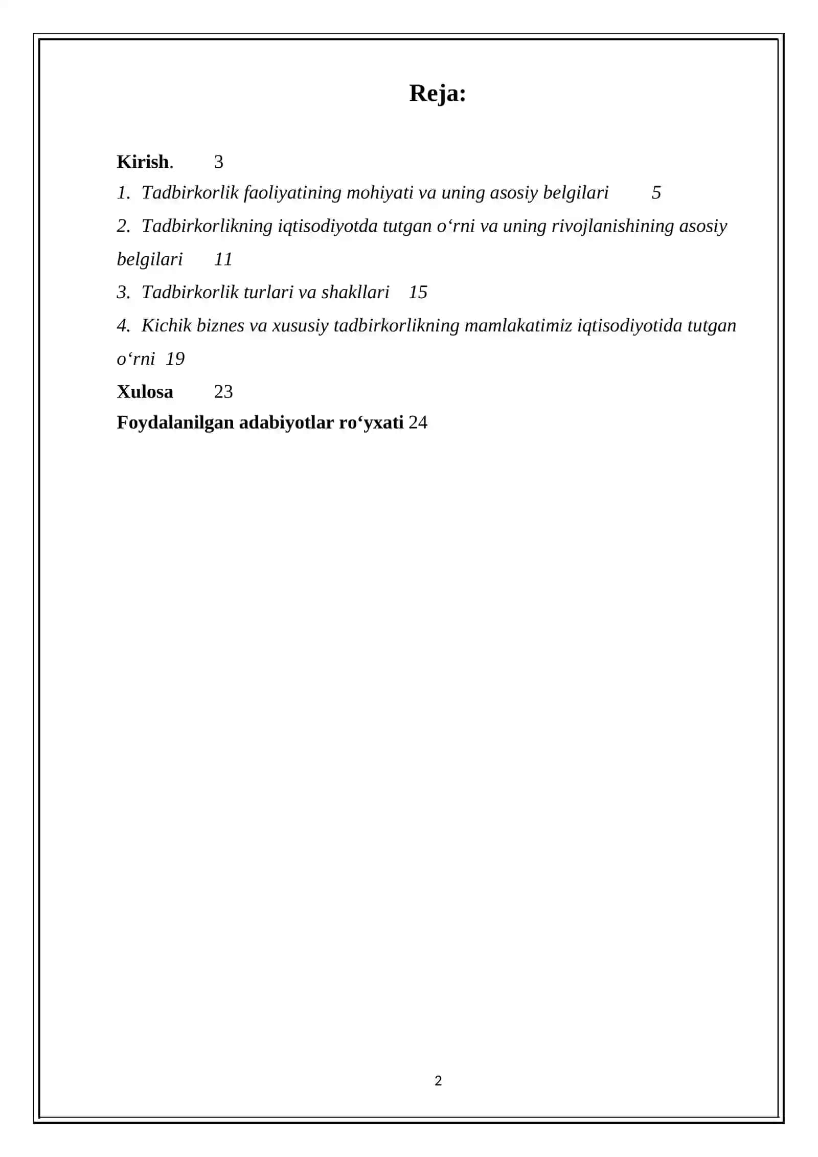 “TADBIRKORLIK FAOLIYATI UNING TURLARI VA ASOSIY BELGILARI” MAVZUSIDAGI KURS ISHI 2