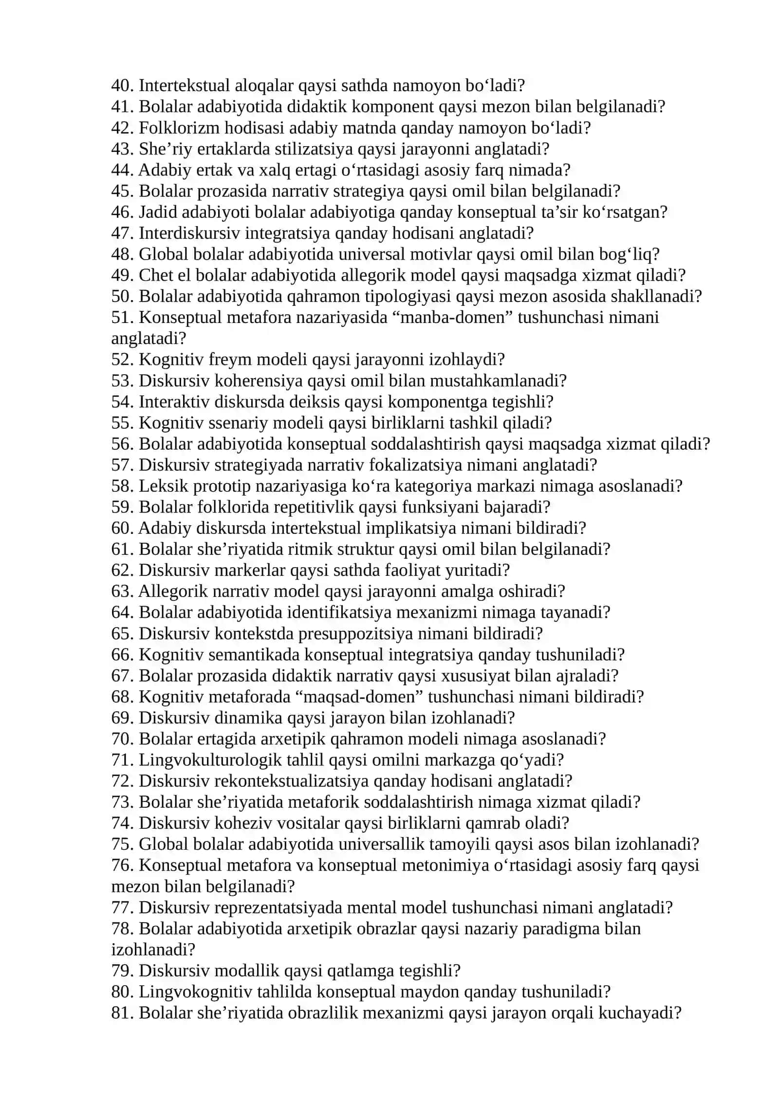 NATIVE LANGUAGE AND CHILDRENS LITERATURE fanidan test Savollari talaba varianti 2
