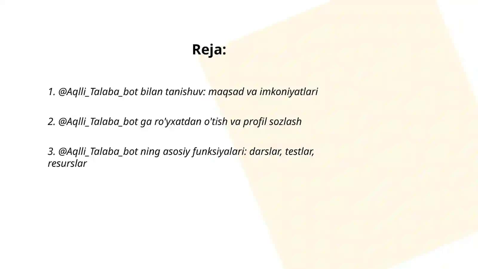 @Aqlli_Talaba_bot bilan tanishuv: maqsad va imkoniyatlari 2