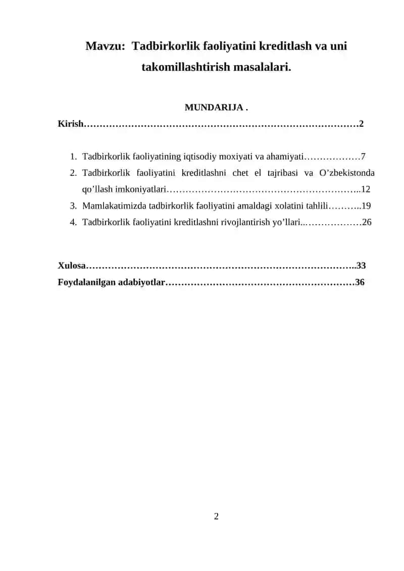Tadbirkorlik faoliyatini kreditlash va uni takomillashtirish masalalari. 2