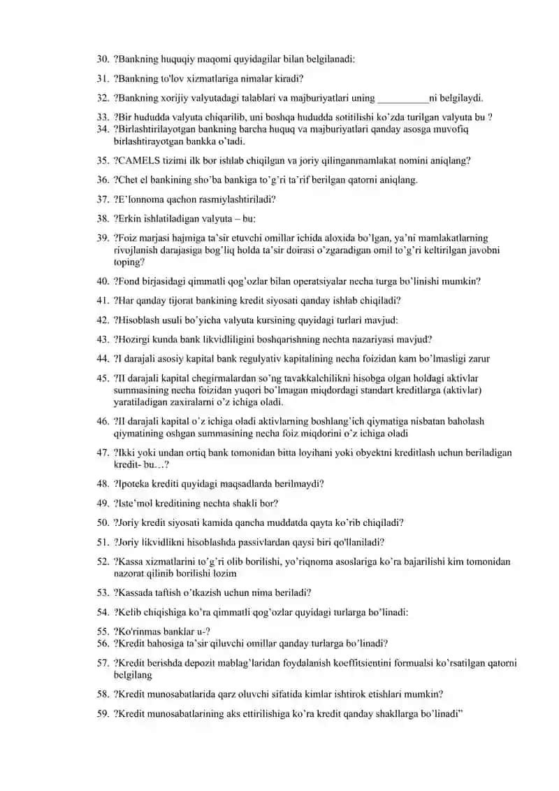BANKING Test Savollari 2