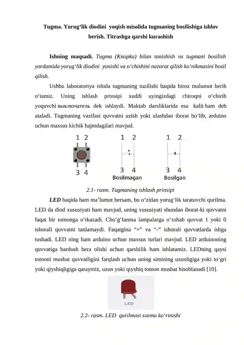 Tugma. Yorug‘lik diodini yoqish misolida tugmaning bosilishiga ishlov berish 2