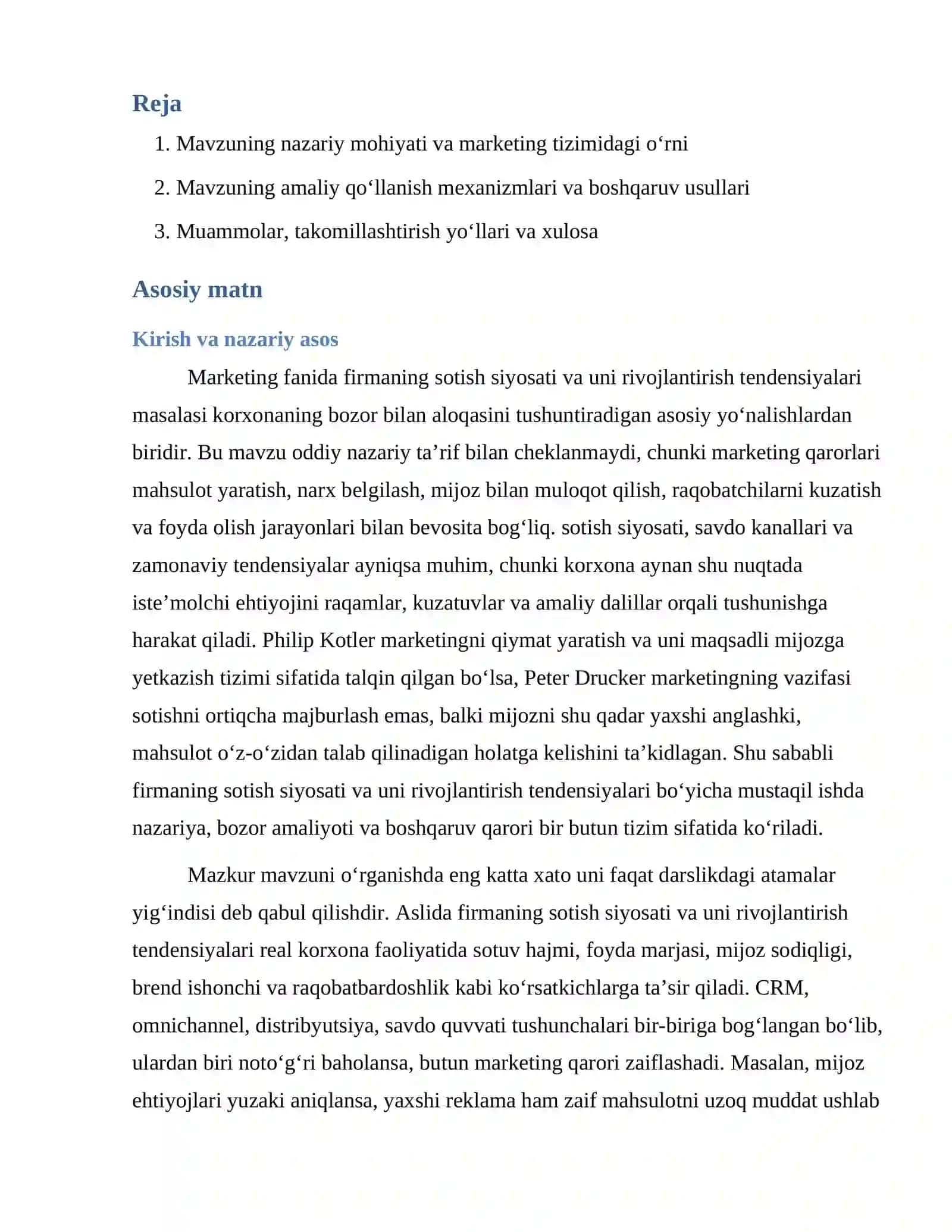Firmaning sotish siyosati va uni rivojlantirish tendensiyalari 2