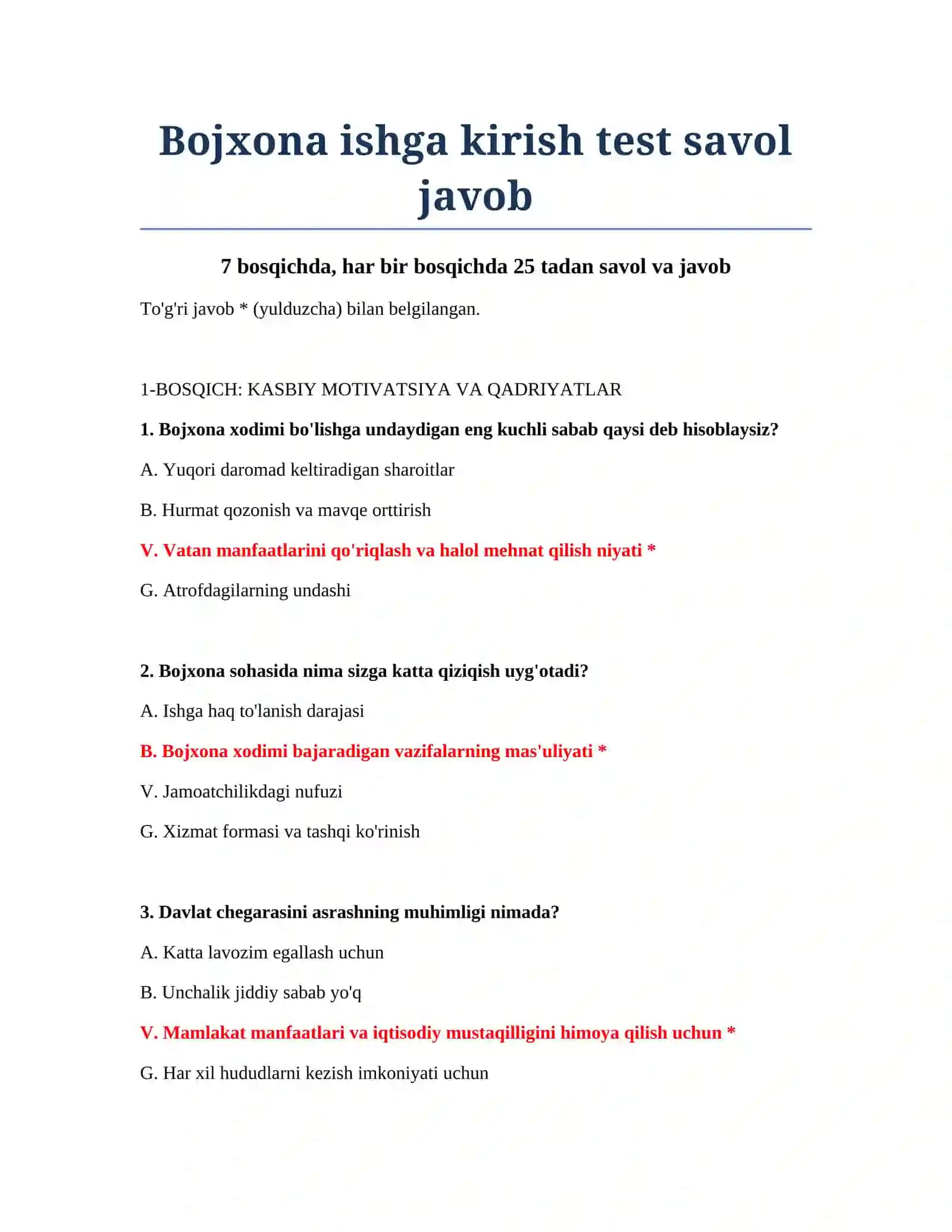 Bojxona ishga kirish test savol javob 2