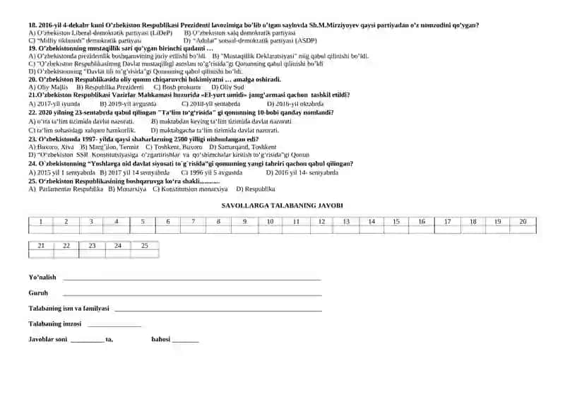 O’zbekistonning eng yangi tarixi” fanidan Yakuniy nazorat uchun test 2