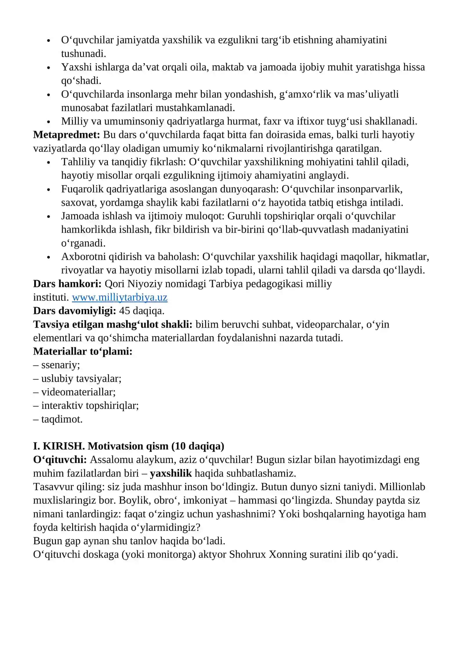 "Kelajak soati" darsining 9-11- sinflar uchun mashg‘ulot ssenariysi 2