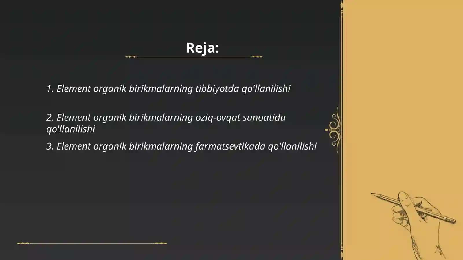 Element organik birikmalarning qo'llanilishi 2