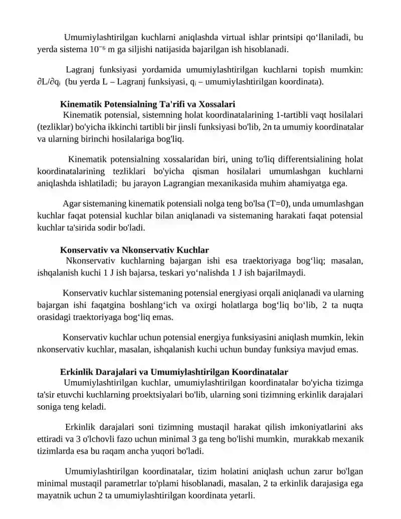 Erkinlik darajasi bir nechtâ bolgan sistemaning umumlashgan kuchlari kinematik patensiali 2
